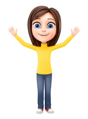 Cheerful girl with raised hands up on a white background. 3d dendering.