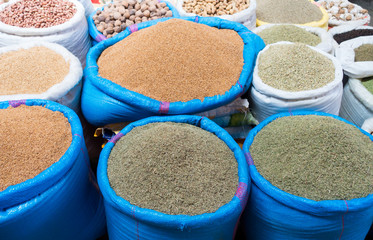 Sacks of Herbs and Nuts in Moroccan Market