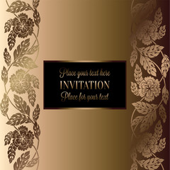Floral background with antique, luxury black, beige and gold vintage frame, victorian brocade, damask floral wallpaper ornaments, invitation card, baroque style booklet, fashion pattern, template