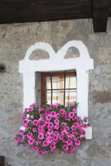 Fototapeta na wymiar window with flowers from a rural Alps house - Aosta Valley Italy