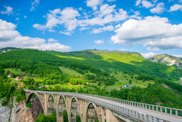 Fototapeta na wymiar The Djurdjevic Bridge crosses the canyon of the Tara River in the north of Montenegro.