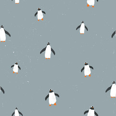 Vector seamless graphic pattern with penguins and grunge texture and snow on background. For placards, brochures, posters, greeting cards, fabrics.