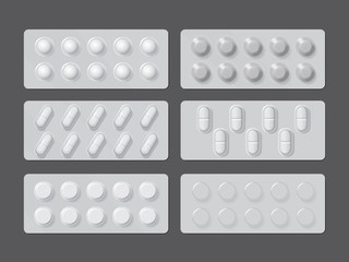 packs with different tablets medicines mock up vector template