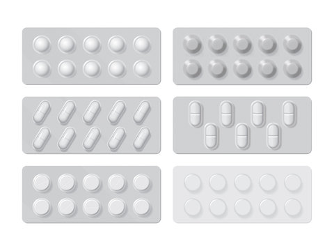 packs with different tablets medicines mock up vector template