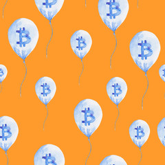 Watercolor bitcoin balloon pattern. Virtual money concept. Illustration for design, print or background