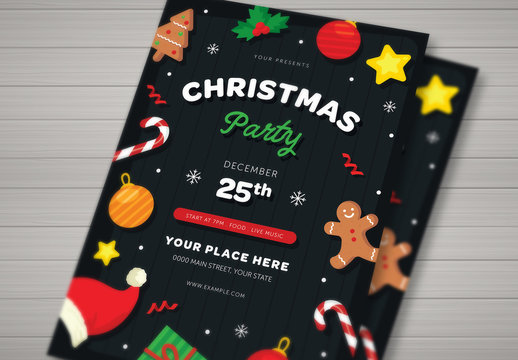 Christmas Party Flyer with Festive Vector Illustrations