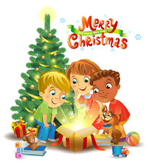 Christmas miracle - kids opening a magic gift beside a Christmas tree