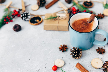 Hot chocolate. Christmas composition over vintage background