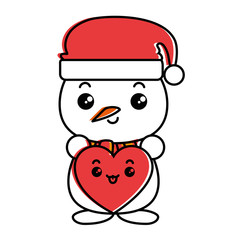 snowman with christmas hat and heart kawaii character