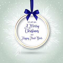 Fototapeta na wymiar Christmas card with a white ball and a silver bow