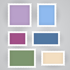 Post stamps frame, philately mock up vector set, vintage mail mark templates. Empty space with perforated border of different size.
