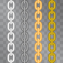 Border chain vector set on transparent background. Silver, copper, steel and golden realistic vertical variants for decorative effect. Connection, luxury, prison symbol.