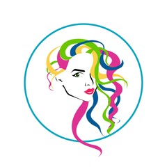 Lovely female face with colorful long hairstyle. Beauty icon, logo