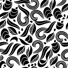 Vector floral pattern in doodle style with waves and leaves. Seamless botanic texture in black and white