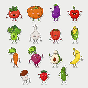 Vector fruit and vegetable character set, funny food icon with emotions face.