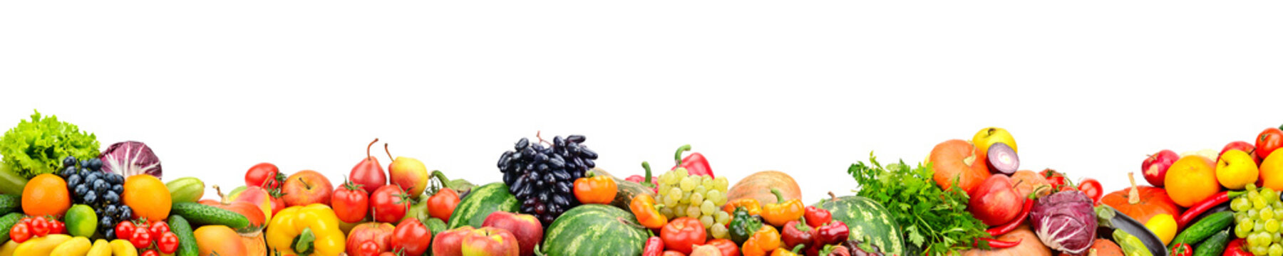 Panoramic collection fresh fruits and vegetables isolated on white