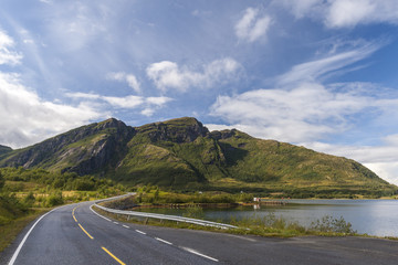 A road along a bay in the Lofoten 