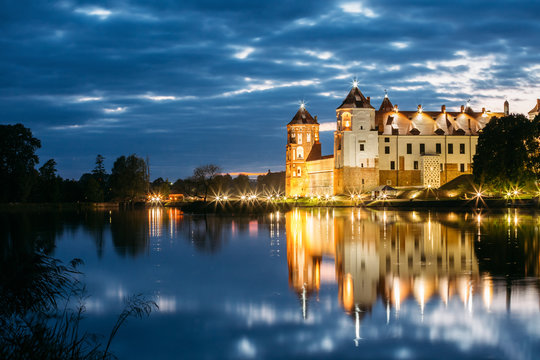 Mir, Belarus. Mir Castle Complex In Bright Evening Illumination 