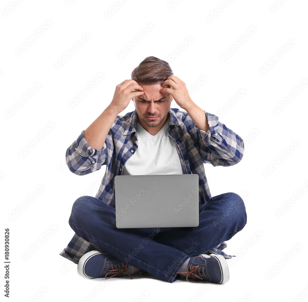 Sticker Young man with laptop, isolated on white