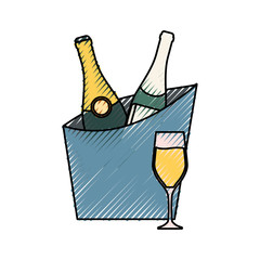 colored wine cooler  with glass of champagne over white background vector illustration
