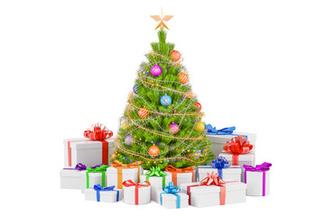 Christmas tree and gift boxes, 3D rendering