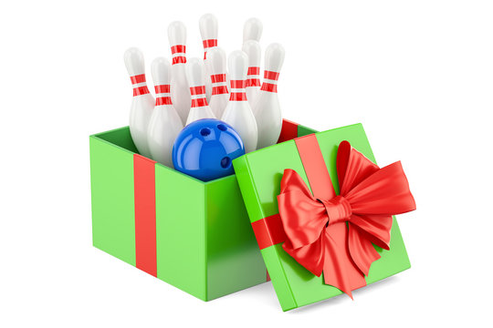 Gift concept, set of bowling inside gift box. 3D rendering