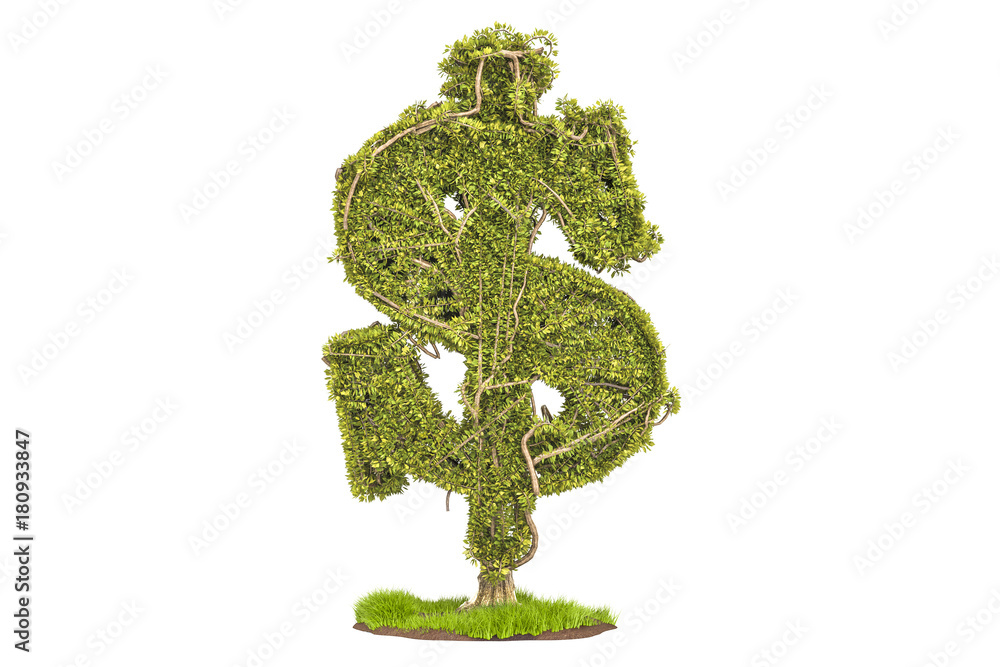 Poster money tree in the shape of a dollar sign, 3d rendering