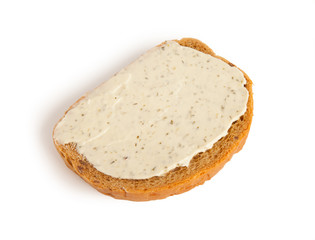Bread slice with cream cheese isolated on a white background