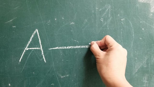 Woman hands chalk writing words A to Z on chalkboard.