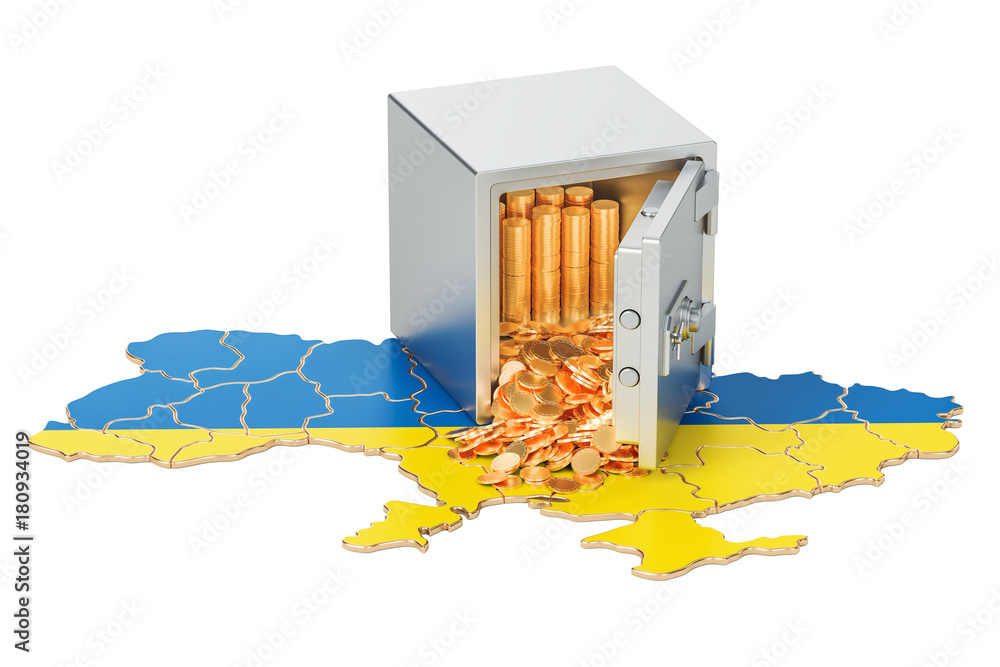 Poster safe box with golden coins on the map of ukraine, 3d rendering