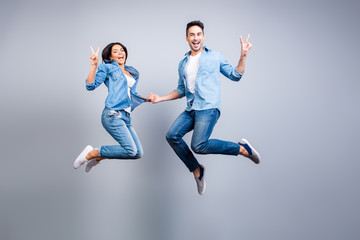 Concept of freedom, carelessness, good mood and enjoying life. Totally glad and happy lovers in...