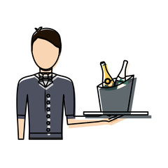 bartender holding a tray with drinks icon over white background colorful design vector illustration