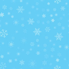Christmas abstract background from white snowflakes on blue. Seamless pattern for design cards, posters, greeting for the new year.