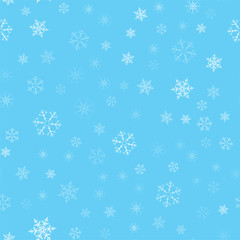 Christmas abstract background from white snowflakes on blue. Seamless pattern for design cards, posters, greeting for the new year.