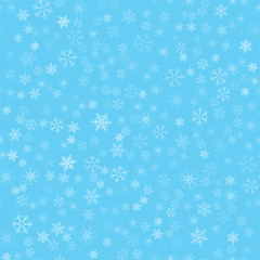 Christmas abstract background from white snowflakes on blue. Seamless pattern for design cards, posters, greeting for the new year.