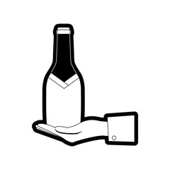 flat line  monochromatic  hand with bottle champagne over white background  vector illustration