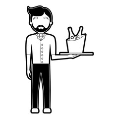 flat line monochromatic waiter man  with  wine cooler over white background  vector illustration