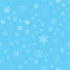 Christmas abstract background from white snowflakes on blue. Seamless pattern for design cards, posters, greeting for the new year.