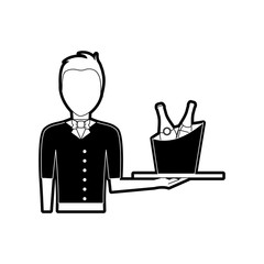 flat line monochromatic waiter man  with  wine cooler over white background  vector illustration