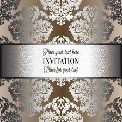 Baroque background with antique, luxury silver and gold vintage frame, victorian banner, damask floral wallpaper ornaments, invitation card, baroque style booklet, fashion pattern