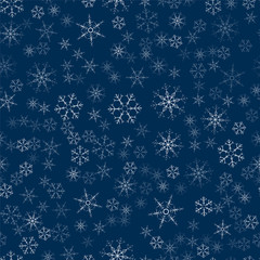 abstract seamless pattern made of snowflakes on blue. Christmas background for design of posters, postcards, invitation for the new year.