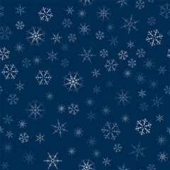 abstract seamless pattern made of snowflakes on blue. Christmas background for design of posters, postcards, invitation for the new year.