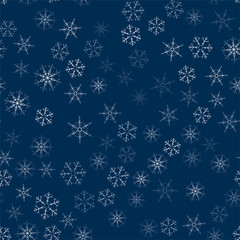 abstract seamless pattern made of snowflakes on blue. Christmas background for design of posters, postcards, invitation for the new year.