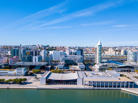 Aerial view on the Telecabin at Parque das Nacoes (Park of Nations) in Lisbon, Portugal near MEO arena. Panoramic view.