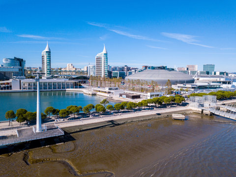 Aerial view on the Telecabin at Parque das Nacoes (Park of Nations) in Lisbon, Portugal