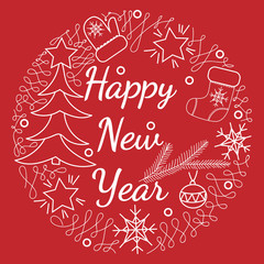 Happy New Year text in the round frame with mitten, sock, tree and ball