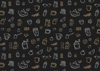  Dark Coffee pattern with hand drawn doodle desserts
