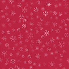 abstract seamless pattern Christmas background of snowflakes on a red. For design of cards, invitations, greeting for the new year.