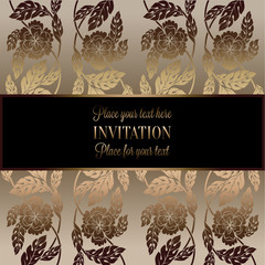 Floral background with antique, luxury black, beige and gold vintage frame, victorian banner, damask floral wallpaper ornaments, invitation card, baroque style booklet, fashion pattern, template