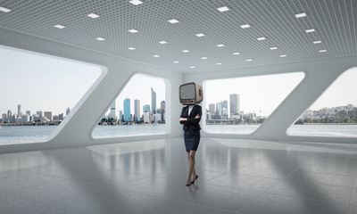 Business woman with an old TV instead of head.